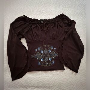 Castro Trend Brown Embroidered Bell Sleeve Top Size 1